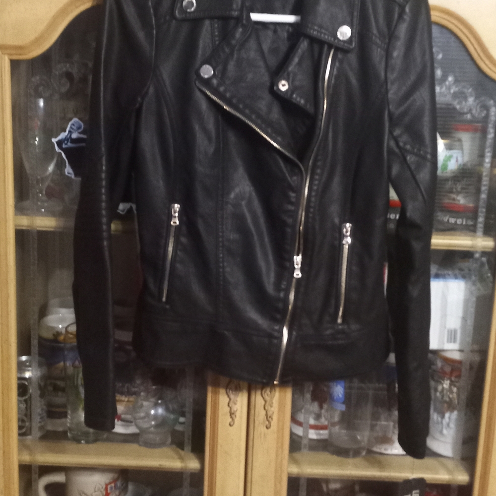 Guess Women's Leather Jacket in Black with Metallic Details